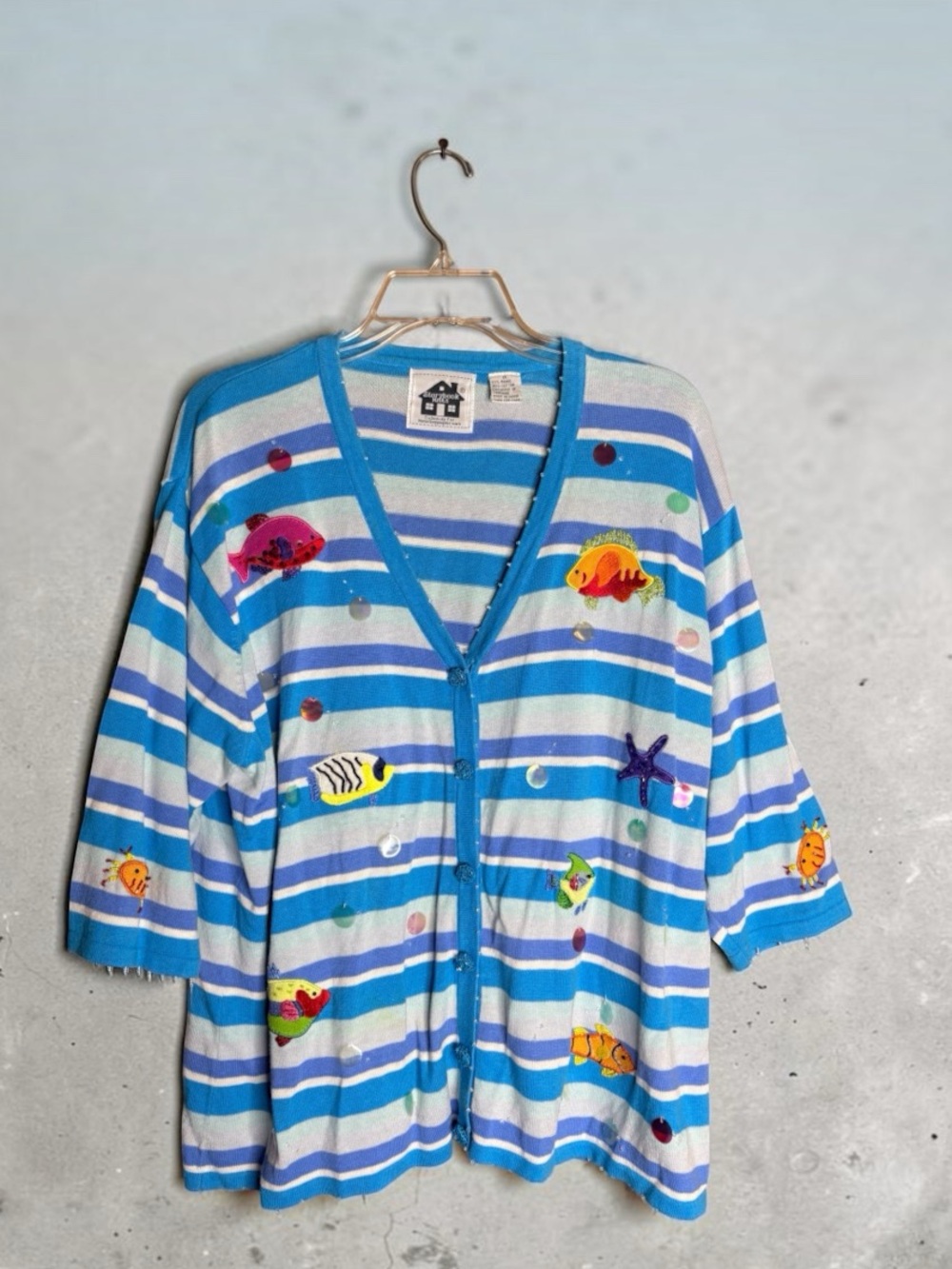 Storybook Knits Sparkling Ocean Fish Appliqué Cardigan Sweater 1X